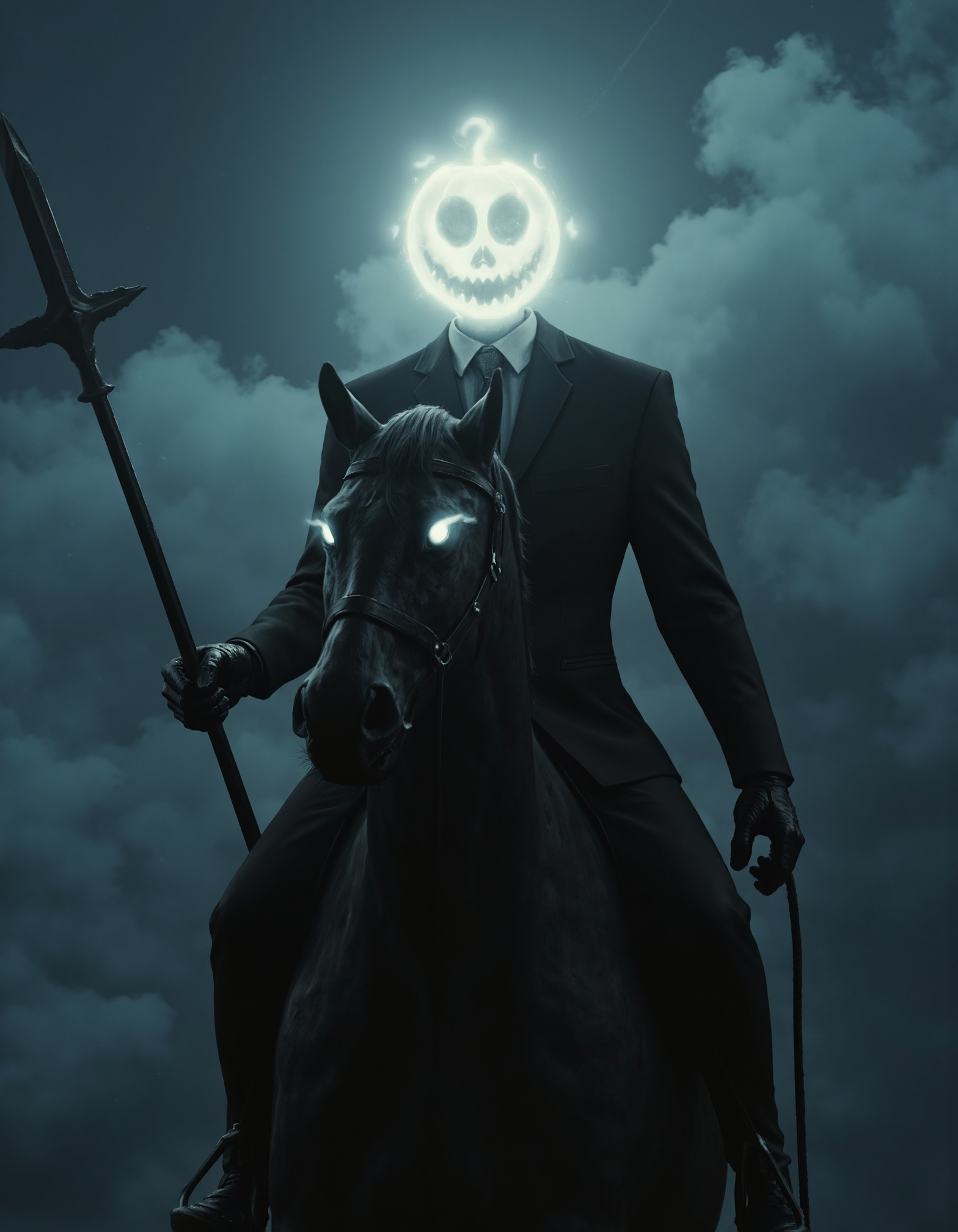 zavy-hdlsshrsmn, mysterious photoshoot of close-up view of headless rider on a horse with a glowing presence, photorealistic depiction, high quality cinematic shot, halloween style