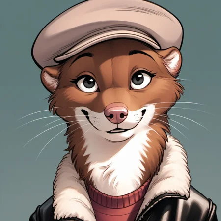 score_9, score_8_up, score_7_up, score_6_up, score_5_up, score_4_up, bedroom background, detailed fur, (((Portrait)))
BREAK
W33kly_BS, Weekly, Anthro Weasel, Lesser Weasel, brown weasel, brown fur, white chin, white neck, white inner ear, black eyebrows, black eyes, pink nose, whiskers, tan hat, flat cap, leather jacket, flight jacket, fleece collar, red sweater, khakis, tan shoes,
BREAK