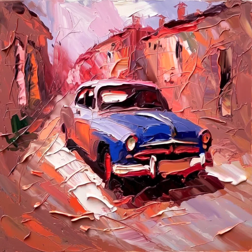 impasto old car on a deserted road <lora:impasto:1>