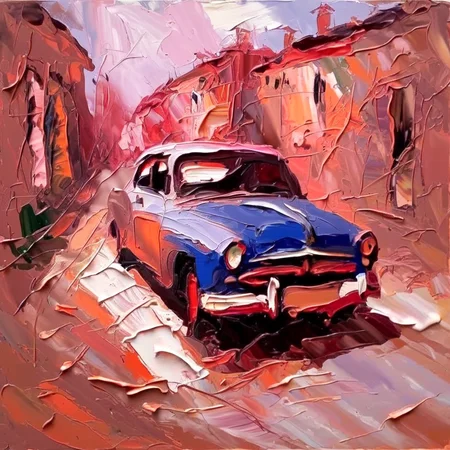 impasto old car on a deserted road <lora:impasto:1>