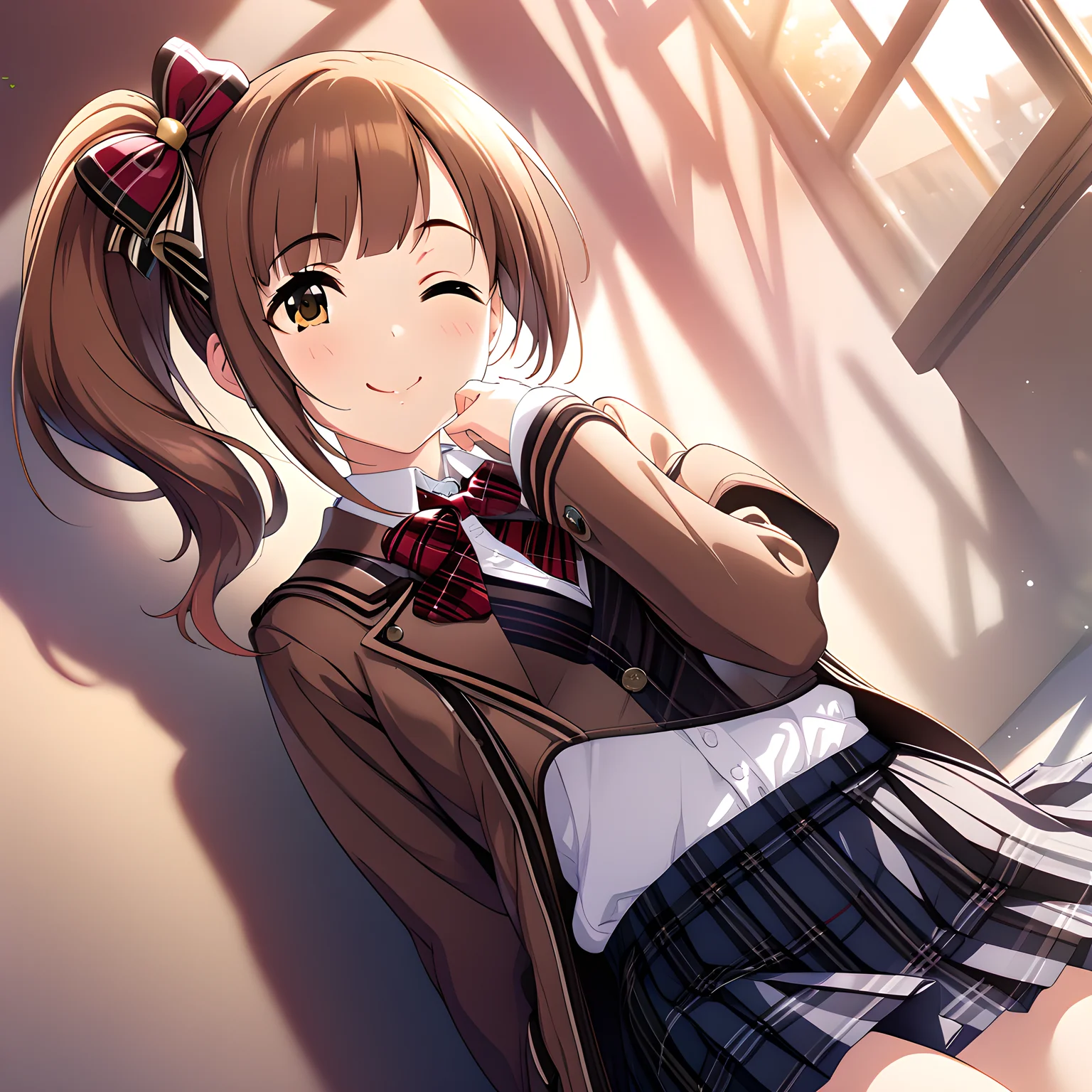 (masterpiece),(best quality),(ultra-detailed),(best illustration),(best shadow),(absurdres),(detailed background),(very aesthetic)kyoko igarashi, schooluni, one eye closed, solo, 1girl, skirt, side ponytail, brown hair, smile, school uniform, bow, jacket, brown eyes <lora:Kyoko_Igarashi__äºååµé¿å_-_The_Idolmster_Cinderella_Girls__ã¢ã¤ãã«ãã¹ã¿ã¼ã·ã³ãã¬ã©ã¬ã¼ã«ãº_SDXL_Animagine_XL_3.1:1>