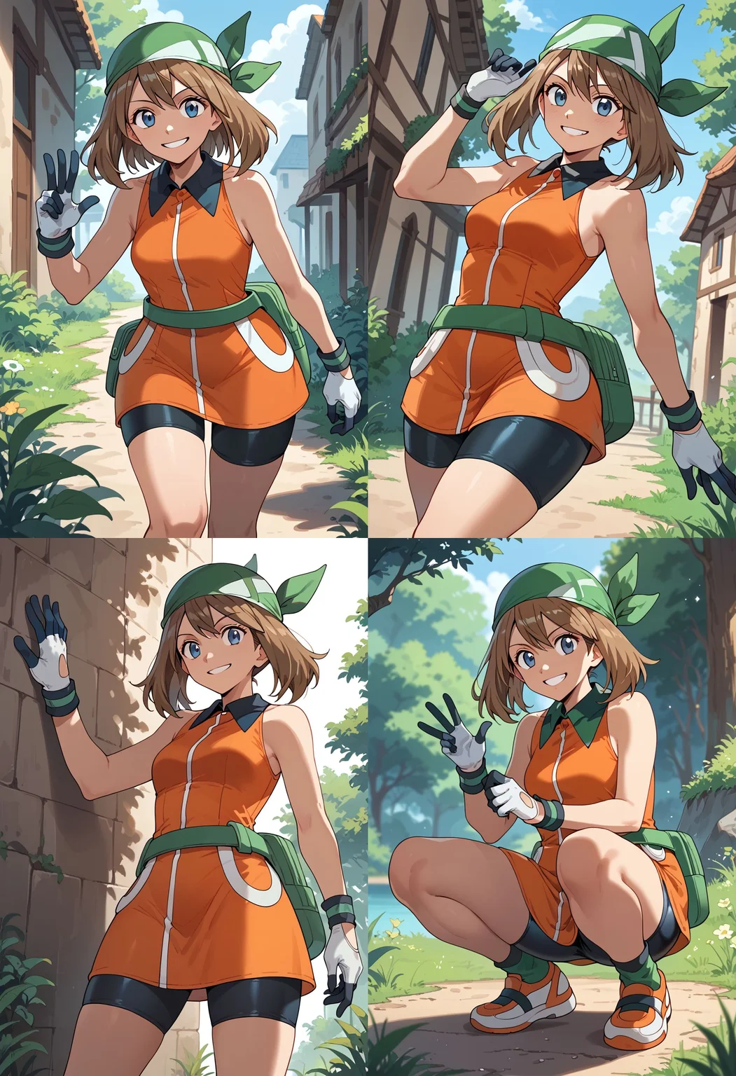 __femalePosesWildcard400_v10/female-poses__, smile,  <lora:MayRSEPony:1> May_Es, medium hair, brown hair, blue eyes, green bandana, collared dress, sleeveless dress, orange dress, white gloves, fanny pack, green belt, shorts under dress, bike shorts, orange footwear,, score_9, score_8_up, score_7_up, score_6_up, score_5_up, score_4_up,
