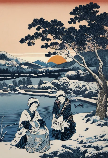 masterpiece,best quality,intricate details,KHsty-XL,woodcuts art,women washing clothes by riverside,panaramic scenery,sunrise,winter,