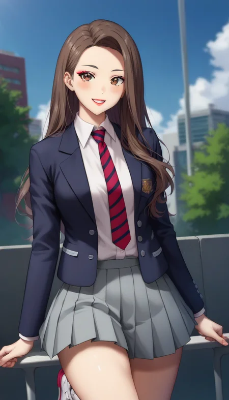 score_9,score_8_up,score_7_up,score_6_up BREAK official art,solo,outdoors,cowboy shot,looking at viewer,facing viewer,smile,blush,Jugyeong Lim,long hair,brown hair,forehead,makeup,eyelashes,brown eyes,lips,lipstick,close mouth,school uniform,blue jacket,blazer,open jacket,white shirt,collared shirt,red necktie,striped necktie,long sleeves,medium breasts,skindentation,shirt tucked in,miniskirt,grey skirt,pleated skirt,white socks,sneakers,white footwear,<lora:Jugyeong Lim(tb)-Pony:1.4>,
