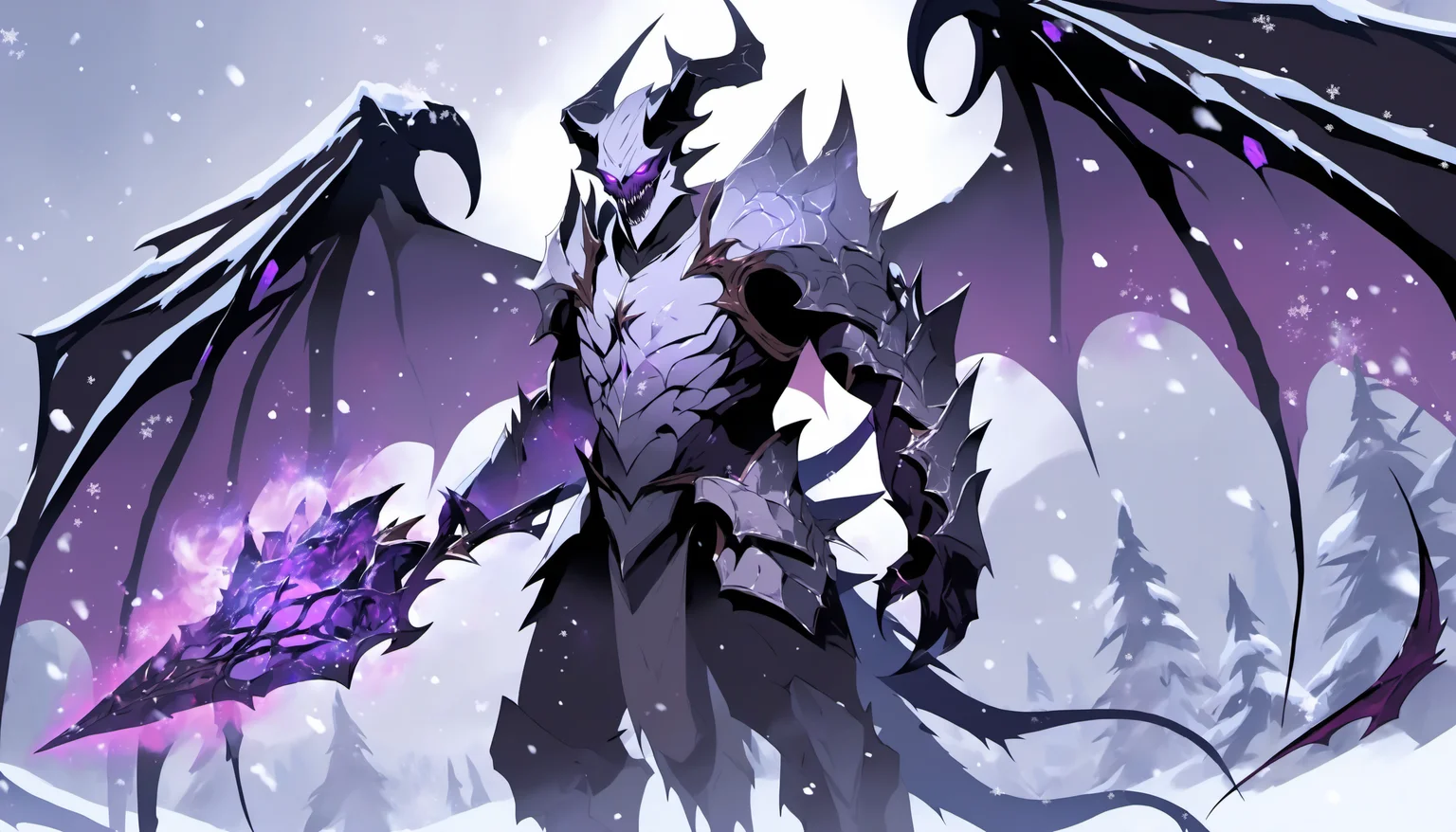 <lora:[XL]Demon_Legion:1>a demonic looking creature with wings and a purple flame in its mouth, standing in a snowy landscape with purple and white snow