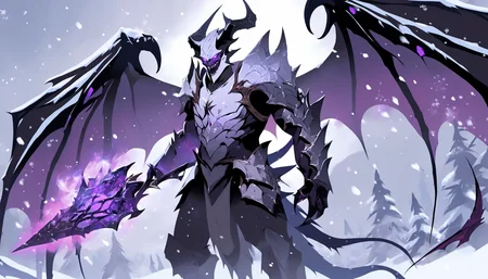 <lora:[XL]Demon_Legion:1>a demonic looking creature with wings and a purple flame in its mouth, standing in a snowy landscape with purple and white snow