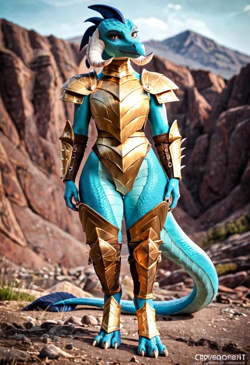 score_9, score_8_up, score_7_up, score_6_up, score_5_up, score_4_up, BREAK, 1girl, EmberMLP, furry female, scalie, dragon, body scales, detailed scales, photorealistic scales, cyan scales, dark blue head spikes, hourglass figure, slender waist, wide hips, thick thighs, digitigrade, armor, gold armor, neck armor, shoulder armor, bare thighs, thigh armor, thigh plate, foot armor, tail armor, mountaintop background, cinematic