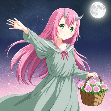 oni horns, shuna_tensura, long pink straight hair in a ponytail, dark live green eyes, wearing a long simply grey dress holding flowers in a basket in one hand, appears to be dancing under the moonlight