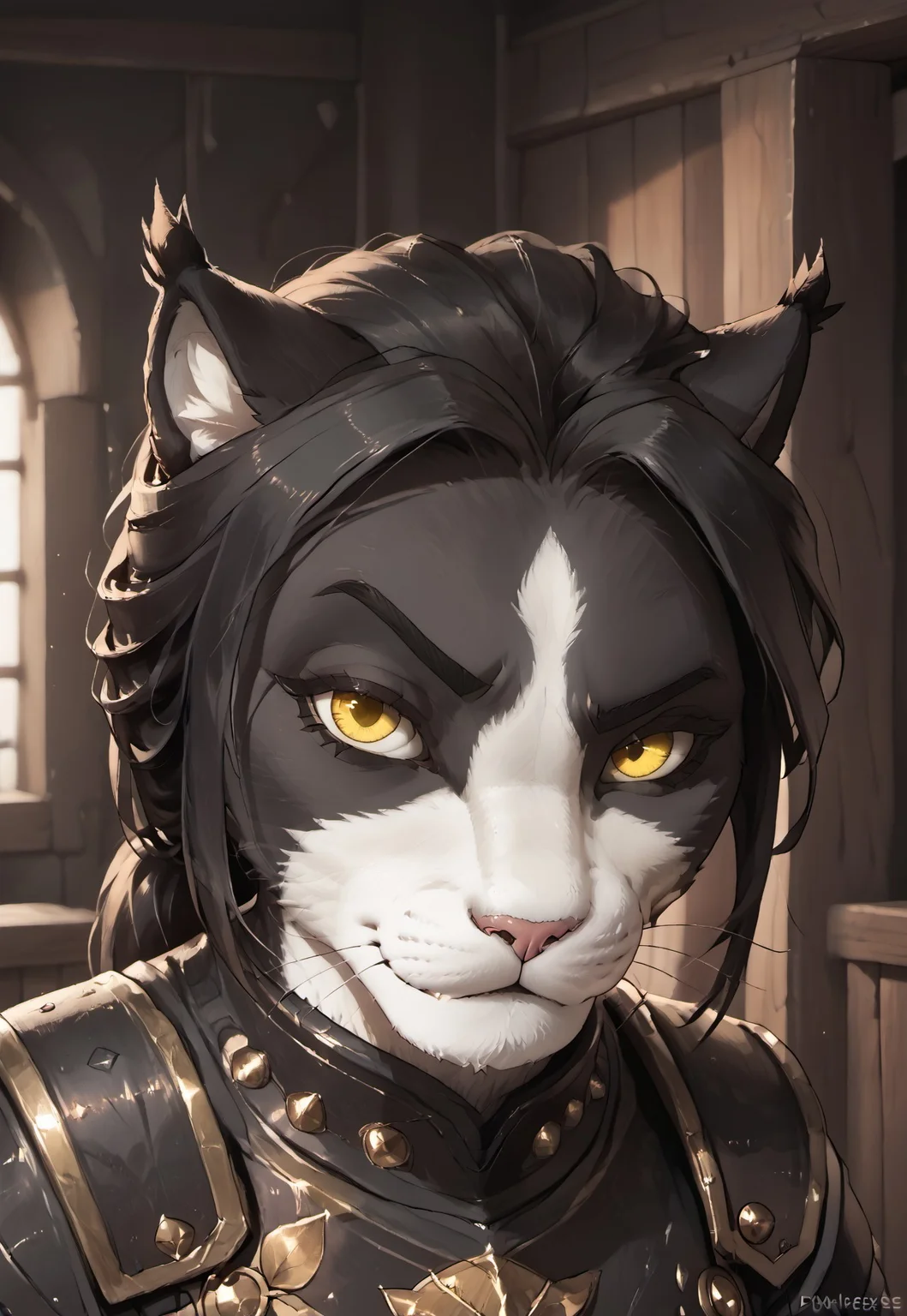 masterpiece, score_9, source_furry, anthro, furry, 1girl, Ember (ESO), feline, black and white fur, yellow eyes, soft natural lighting, black armor, detailed fur, RocksEyebrowRaise, raised eyebrow, thick eyebrows, upper body, portrait