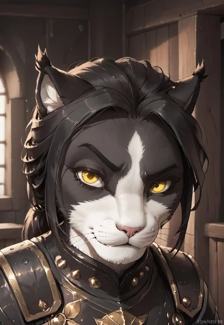 masterpiece, score_9, source_furry, anthro, furry, 1girl, Ember (ESO), feline, black and white fur, yellow eyes, soft natural lighting, black armor, detailed fur, RocksEyebrowRaise, raised eyebrow, thick eyebrows, upper body, portrait