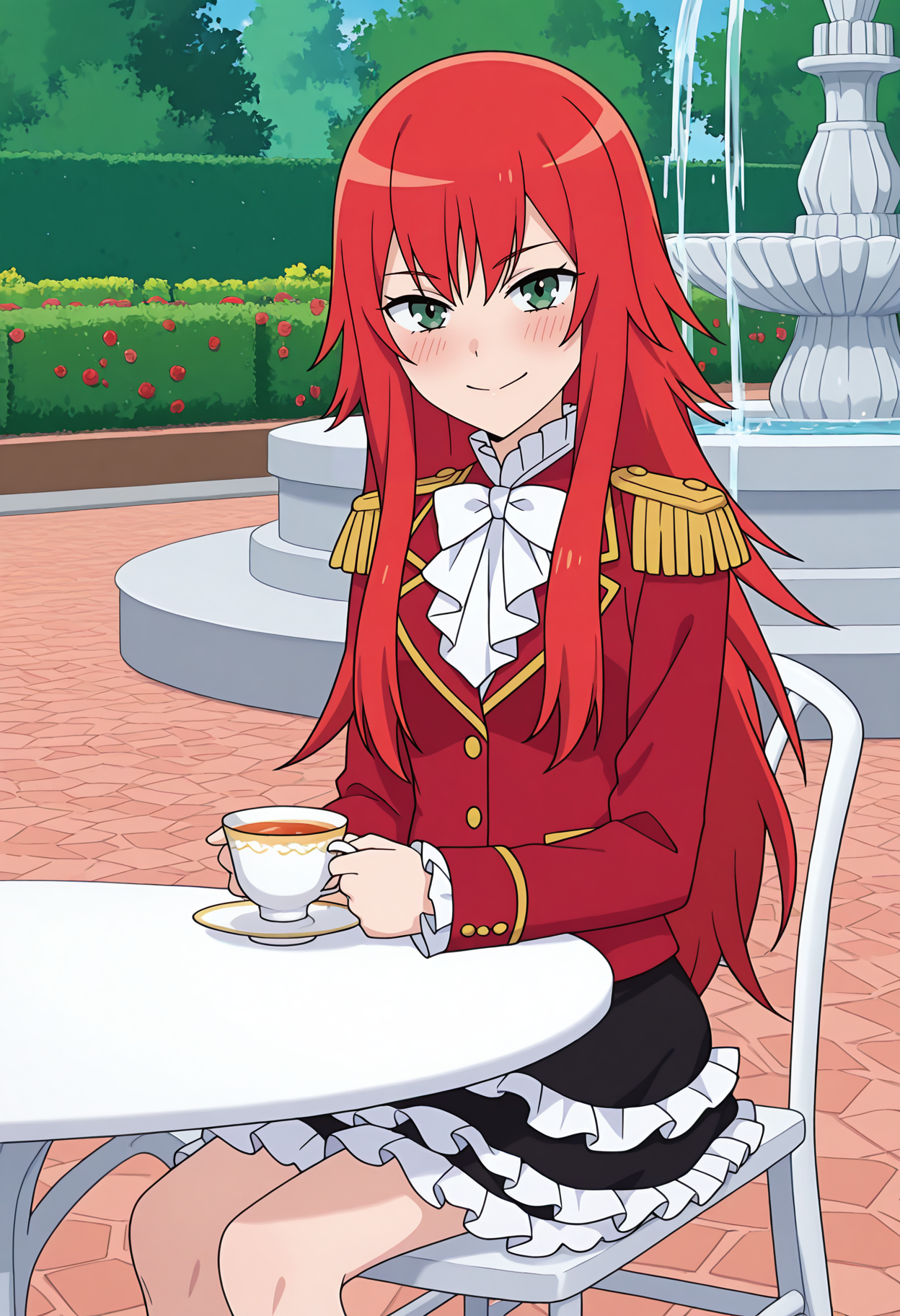 highres, best quality, masterpiece,
1girl, solo,
blush,
<lora:_beru_renjouji-elesico-ilxlB:1>  outdoors, garden, fountain, rnlvberu, long hair, red hair, green eyes, anime screencap,pberedel, epaulettes, aiguilette, red jacket, white ascot, frills, long sleeves, black skirt, layered skirt, frilled skirt, sitting, white chair, white table, holding cup, tea cup, looking at viewer, smile, school outskirts,