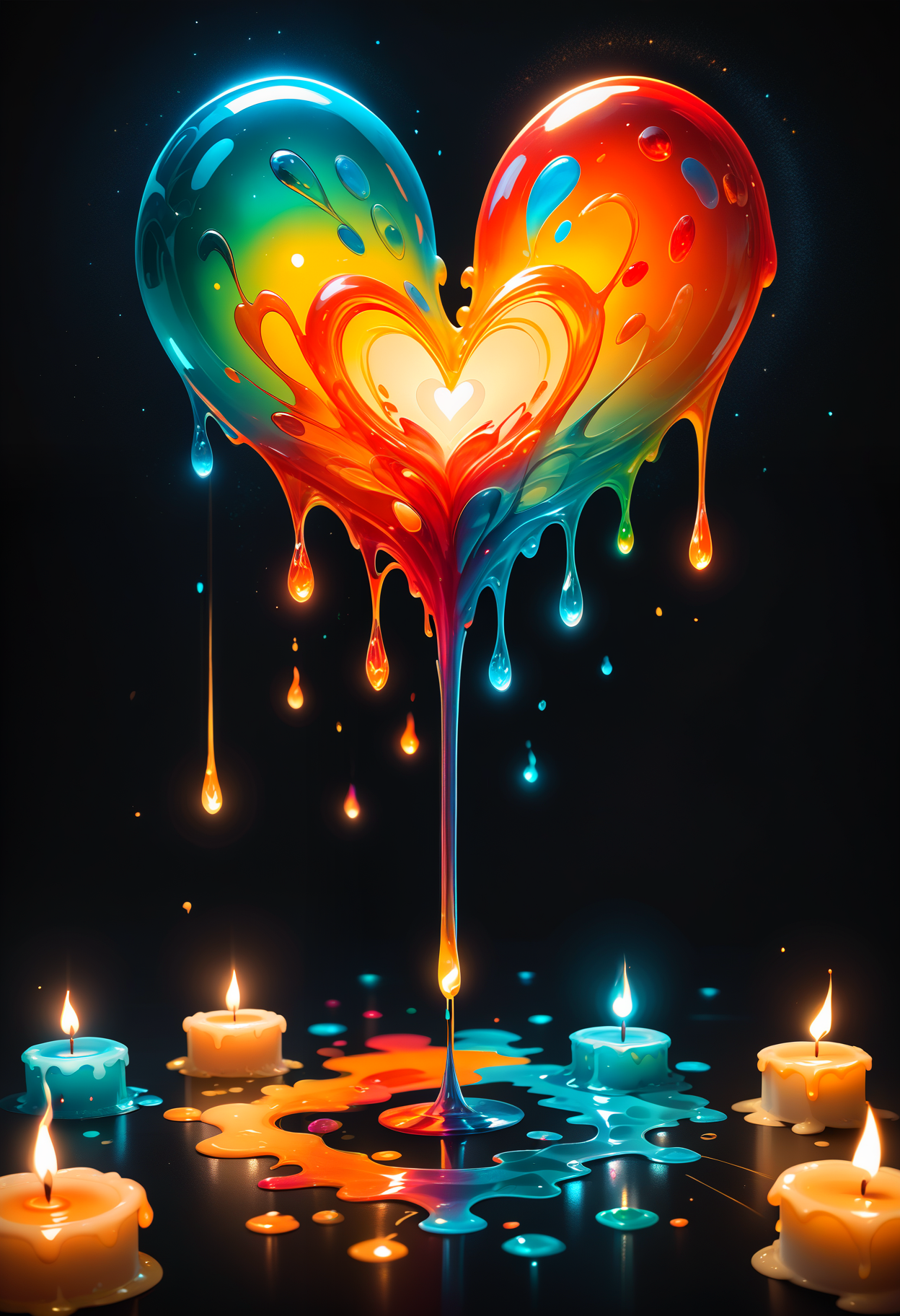 score_9, score_8_up, score_7_up, score_6_up, score_5_up, score_4_up score_9,score_8_up,heart-shaped candle, vibrant melting wax, dynamic splashes, candle flame, bright colors, high contrast, dark background, vivid lighting, celebration, romance, abstract, love concept, glowing effect, sparkling particles, multicolored drips, wax flow, illuminated, artistic, creative photography, energy, melting in motion, high resolution, centerpiece, decorative, festive mood