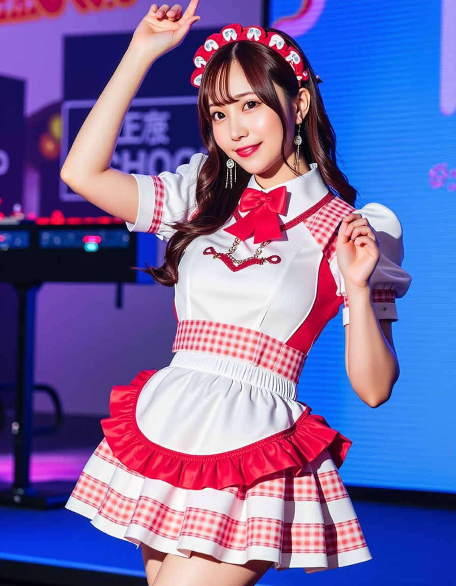 long shot scenic professional photograph of realistic,<lora:Flux_idol_cos:1>,idores,beautiful japanese idols dancing on stage,whole (body),full body,smile,idol costumes,, perfect viewpoint, highly detailed, wide-angle lens, hyper realistic, with dramatic sky, polarizing filter, natural lighting, vivid colors, everything in sharp focus, HDR, UHD, 64K