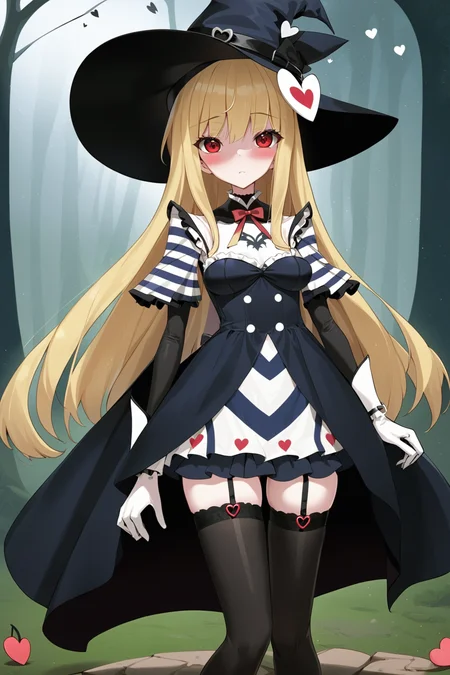 <lora:orange_xl:0.6>,dress,hat ribbon,cape,red eyes,shoulder bag,heart,bandaid on knee,striped dress,long hair,bandaid on leg,little witch nobeta,holding,heart-shaped pupils,official art,highres,vertical stripes,fang,thighhighs,black cape,feet out of frame,breasts,black thighhighs,white dress,symbol-shaped pupils,hat,blonde hair,black dress,white gloves,nature
