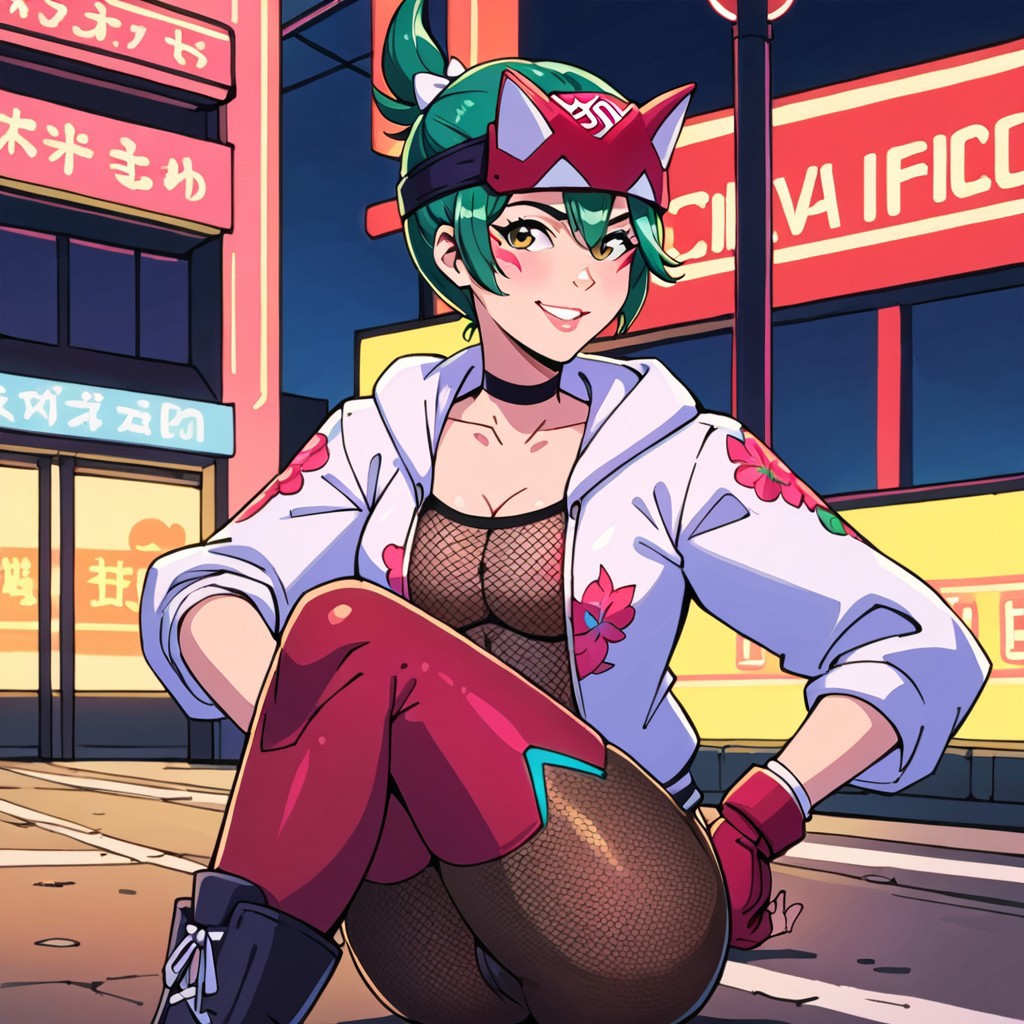 score_7, score_8_up, score_7_up, source_anime, perfectly detailed face, Best detailed, source_anime, easynegative, Expressiveh, LineAniAF, BREAK Solo, 1Girl, Kiriko(Overwatch), Green hair, (Fishnet leotard, White short jacket, gloves, Tight Stocking, Boots,) smile, BREAK Front view, Street background, Neon light, Leaning against the wall, hands on hip