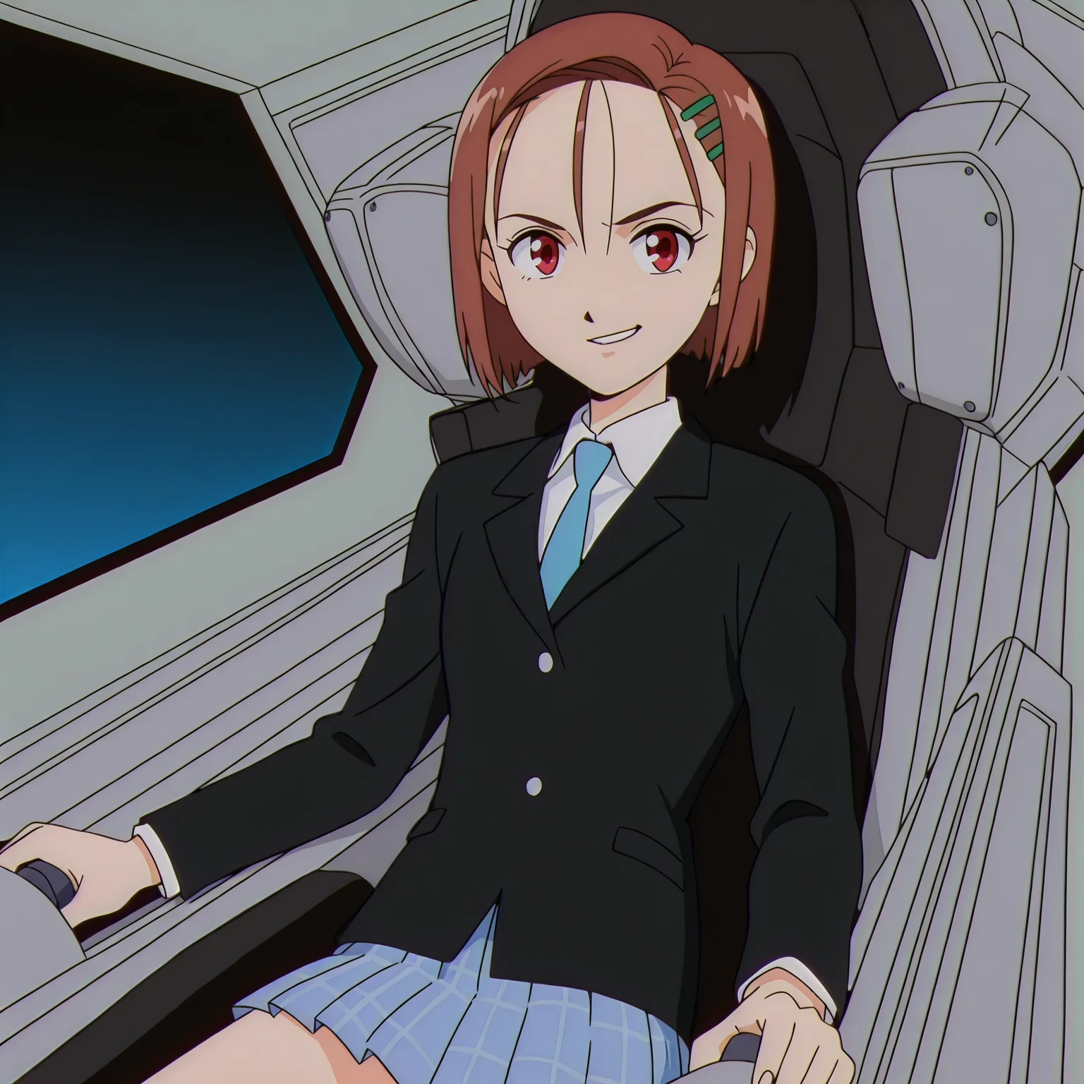 <lora:evangelion_illustrious7:0.8> <lora:Yukino_Miyazawa_ILXL:0.8> miyazawa yukino, short hair, brown hair, hairpin, bangs pinned back, red eyes, long sleeves, black jacket, blue necktie, white shirt, collared shirt, blue skirt, plaid skirt, pleated skirt, 1girl, solo, sitting, cockpit, smirk, teeth, looking at viewer