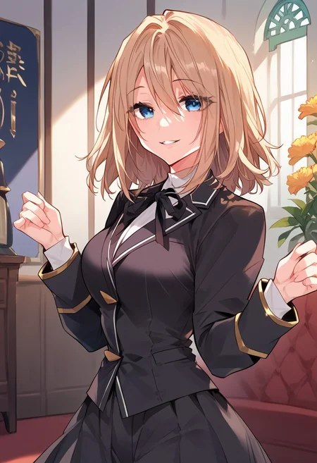 zPDXL3, score_9_up, score_8_up, score_7_up, (Anime_source), 1girl, Olivia, blue eyes, light brown hair, medium hair, (black Academic clothes), parted lips, smile, looking at viewer, cowboy shot, from side