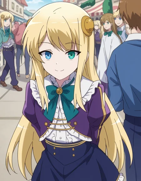 score_9, score_8_up, score_7_up, source_anime, <lora:yumina-belfast-urnea-s2-ponyxl-lora-nochekaiser:1>, yumina belfast urnea, long hair, blue eyes, blonde hair, hair ornament, green eyes,, skirt, thighhighs, purple sleeves, frills, white skirt, skirt, blue skirt, frilled skirt, bowtie, green bowtie, frilled center, street market, vendor, street food, bustling crowd, local flavor, vibrant, smile, hands behind back, bent over,, looking at viewer, solo,, dutch angle, cowboy shot