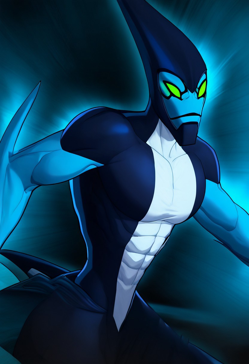 ch33s3, blacklight, (Solo), 1boy, XLR8, Blue skin, Green eyes, no pupils, no nose, Claws, Alien, tail, athletic physique, posing, full body, standing straight, stand in dark alley, solo, looking at viewer, side view, upper body, aura, blue sky, blue aura,
