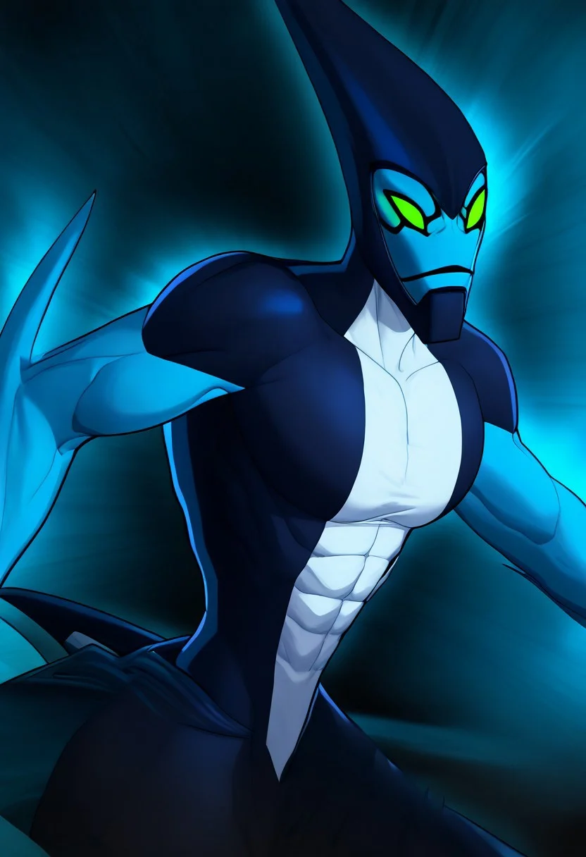 ch33s3, blacklight, (Solo), 1boy, XLR8, Blue skin, Green eyes, no pupils, no nose, Claws, Alien, tail, athletic physique, posing, full body, standing straight, stand in dark alley, solo, looking at viewer, side view, upper body, aura, blue sky, blue aura,