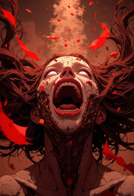 surrealism, extreme angle camera shot, fish eye lens, lens warping, distortion, bokeh, soothing atmosphere, epic, cinematic, falling, petal leaves, scream