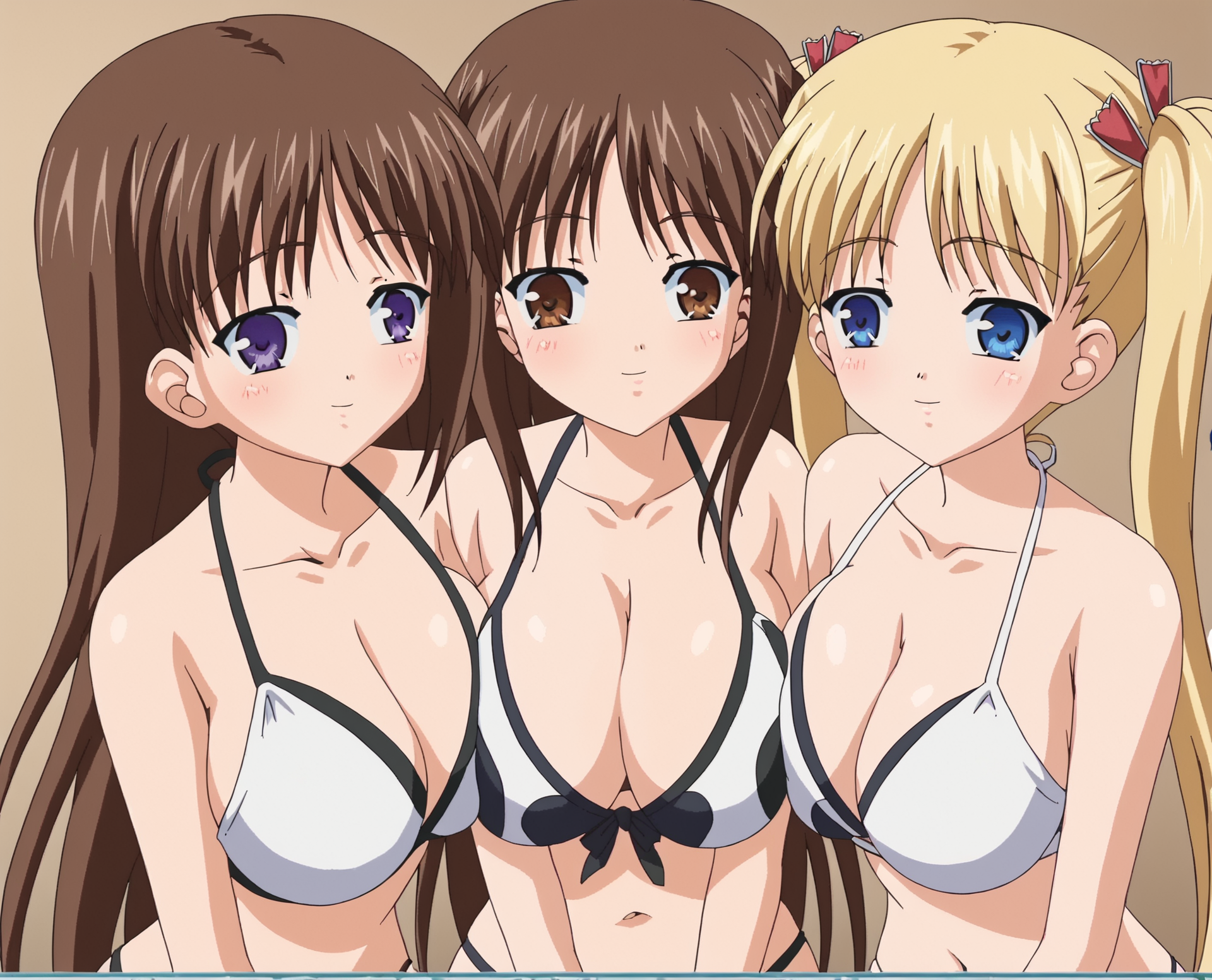 score_9, score_8_up, score_7_up, source_anime BREAK 3girl, (Kayoko Akizuki (Oni Chichi), brown eyes, brown hair, <lora:Kayoko_Akizuki_Oni_Chichi:0.6>, parted bangs) / (purple eyes, <lora:marina-akizuki-ponyxl-lora-nochekaiser:0.6>, marina akizuki, bangs) / (blue eyes, <lora:airi-akizuki-ponyxl-lora-nochekaiser:0.6>, airi akizuki, blonde hair, twintails, bangs) / breast press, smile, long hair, brown hair, blush, looking at viewer, large breasts, cleavage, standing, bikini, simple background, poro style, rating_questionable
