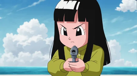 source_anime, score_9, score_8_up, score_7_up, anime screencap, absurdres,
mai \(dragon ball\), chibi, official style, 1girl, solo, bangs, long hair, eyelashes, black eyes, closed mouth, black hair, green dress, long sleeves, angry, upper body, outdoors, blue sky, ocean, cloud, v-shaped eyebrows, looking at viewer, holding handgun, aiming at viewer<lora:ohmai_pony_v1:0.8>