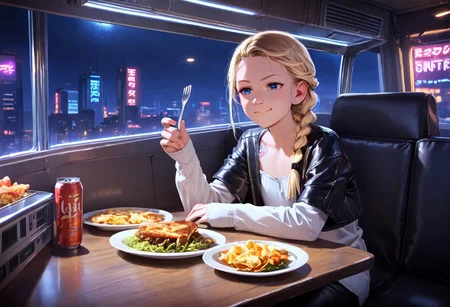 rV interior, recreational vehicle interior, anime coloring, score_9, score_8_up, score_7_up, score_6_up, 1girl Vaylin, solo, solo focus, blonde, braid, blue eyes, indoors, table, feast, dinner, single braid, white tunic, gold trim, black pants, zettai ryouiki, sleeves past fingers, solo, lips, night, denim, can, leather, bioluminescent, leather jacket, cyberpunk, city, vending machine, neon lights, general, smug,