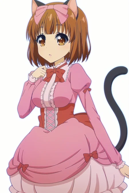 1girl, solo, <lora:Nekohime _ Netoge no Yome wa Onnanoko ja Nai to Omotta _ Pony _ v1:1>, cat ears, hair bow, pink bow, brown hair, short hair, brown eyes, cat tail,
bowtie, red bow, pink dress, juliet sleeves, long sleeves, white kneehighs,
looking at viewer, 
white background, simple background,