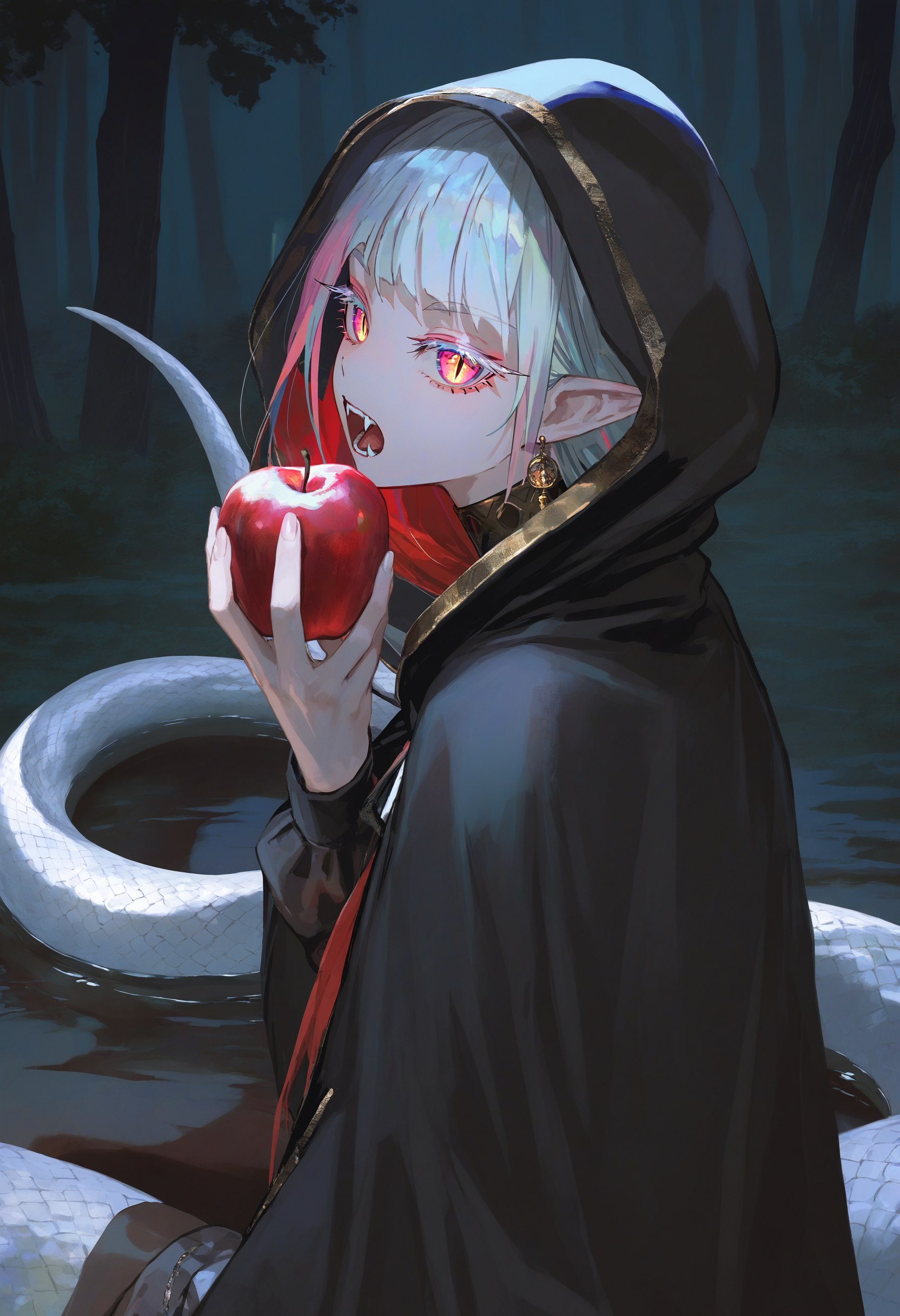 artist:[lack|fuzichoco|lam \(ramdayo\)|kinta \(distortion\)|wlop|quasarcake|nixeu|happoubi jin],
lamia, slit pupils, snake girl, white scales, holding fruit, apple, solo, 1girl, long eyelashes, colored eyelashes, looking at viewer, earrings, white snake, hood up, open mouth, fangs, eating, tongue, hooded cloak, long sleeves, multicolored hair, upper body, teeth, dark, outdoors, sitting, covered eyes,
masterpiece, best quality, very awa, absurdres
<lora:noobai_vpred_1_masterpieces_v1:1>