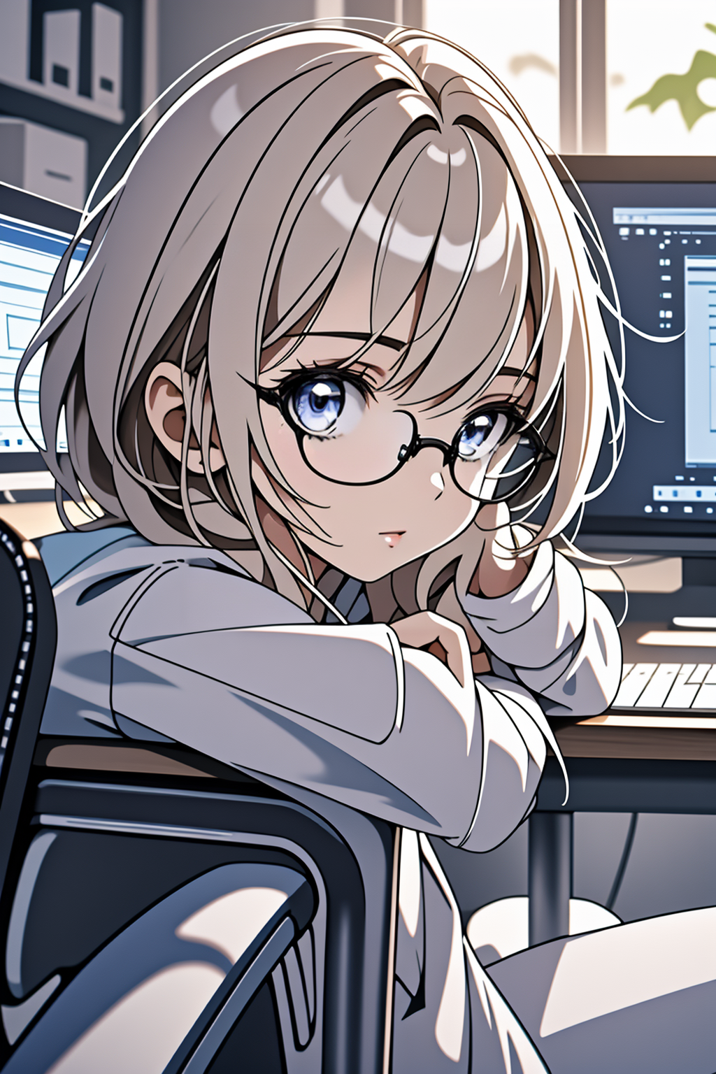 1girl sitting,glasses, working on pc,desk <lora:LCM_LoRA_Weights_SD15:1>