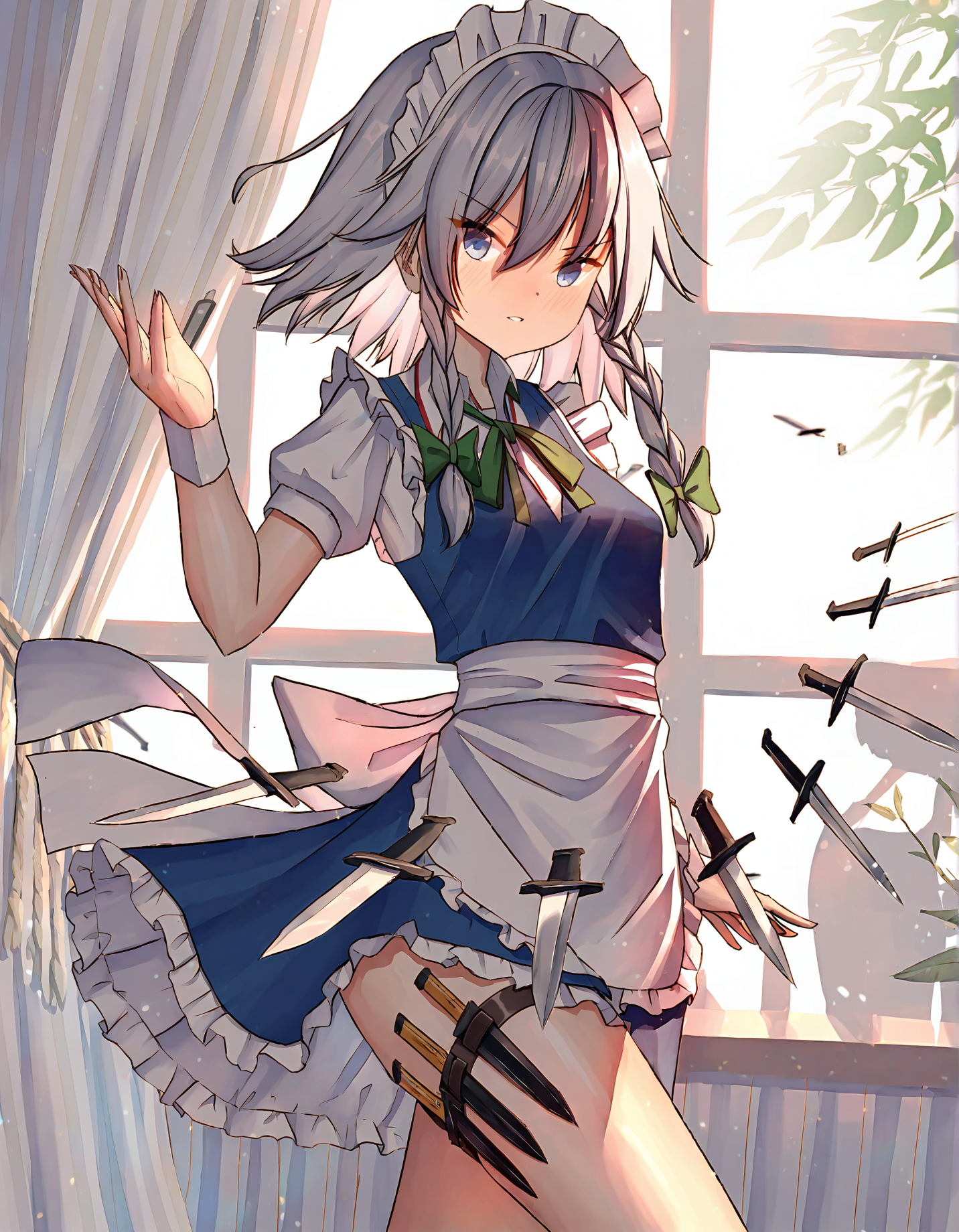 ray peng, 1girl, solo, izayoi sakuya, throwing knife,
very awa, masterpiece, best quality, year 2024, newest, highres, absurdres, <lora:ray-peng-style-noobai-vpred10:1>