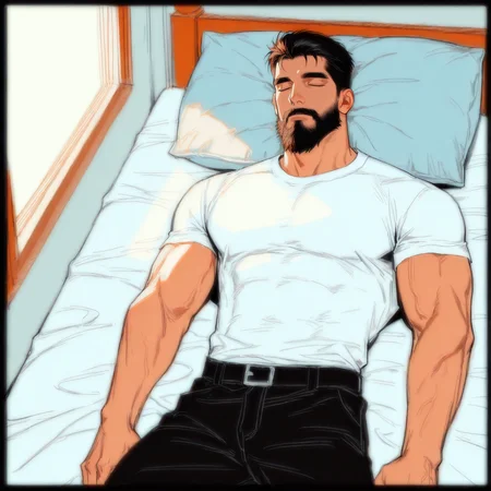 <lora:Flat_Lined_Illustrious:.9> ((flat colors, black outline)), white shirt, black pants, cowboy shot, bed, lying on bed, spread legs, bed sheet, sun ray, window, from above, orange ray, sleeping,
(very short hair, beard, bara, mature, facial hair, stubble, beard, full beard, sideburn, beard, a lot of beard, ), facial hair,male focus, muscular male, muscular male, bara, mature,  bara, mature, aixiwuganda_(20222192), very awa, masterpiece, best quality, absurdres, newest, perfect quality, detailed background, intricate details,
<lora:slider_Body Type_alpha1.0_rank4_noxattn_last:3><lora:style_Anime Summer Days 2 Style SDXL_LoRA_Pony Diffusion V6 XL:.6><lora:slider_cfg_scale_boost:.7><lora:face_Artist6p-10:.55>, Artist6p, Artist04p,<lora:slider_il_brightness_slider_d1:-1><lora:slider_il_contrast_slider_d1:-1><lora:slider_DarkSlider1.2_alpha1.0_rank16_full_300steps:-.6>