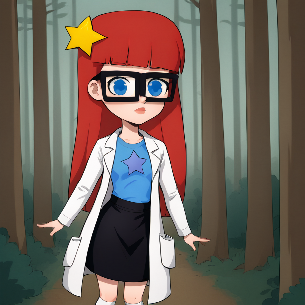 source_cartoon, solo, 1girl, Susan, Red hair, long hair, blunt bangs , blue eyes,  glasses, black skirt , blue t-shirt,  star hair ornament, lab coat , long sleeves, Mary janes, white socks,  <lora:SusanTest_LeafXL_3-10:1>, forest,