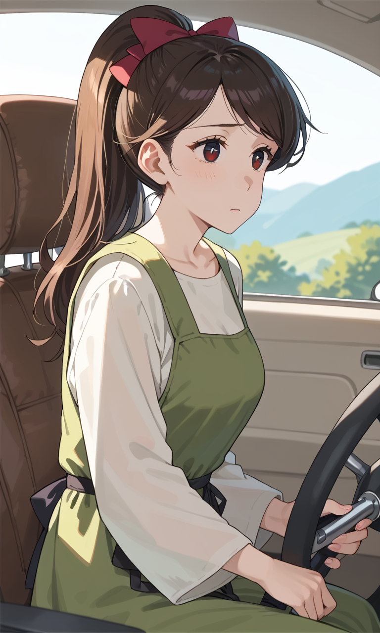 (1girl:1.5), (solo:1.3), (score_9, score_8_up, score_7_up, score_6_up, score_5_up, score_4_up), (source_anime), rating_questionable,
 (black eyes, dark blue pupils, eyelashes, brown hair, swept bangs, long hair, sad), <lora:shin-derayla-maid_v1:1> (shin-derayla-maid), (ponytail, red hair bow, green dress, pinafore dress, miniskirt, long sleeves shirt, wide sleeves), (large breasts),
luxray car, driving, holding steering wheel,  (from side:1.3), medium shot