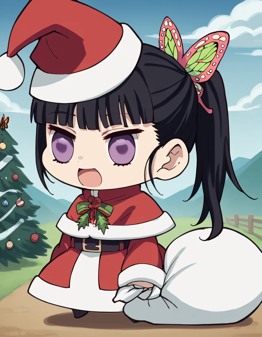 score_9, score_8_up, score_7_up, source_anime, <lora:kanao-tsuyuri-anime-ponyxl-lora-nochekaiser:1>, kanao tsuyuri, black hair, butterfly, butterfly hair ornament, purple eyes, side ponytail, ponytail, medium breasts, <lora:padoru-ponyxl-lora-nochekaiser:1>, padoru, padoru (meme), holding sack, sack, santa hat, meme, christmas, open mouth, chibi, red capelet, santa dress, capelet, fur-trimmed headwear,, ,