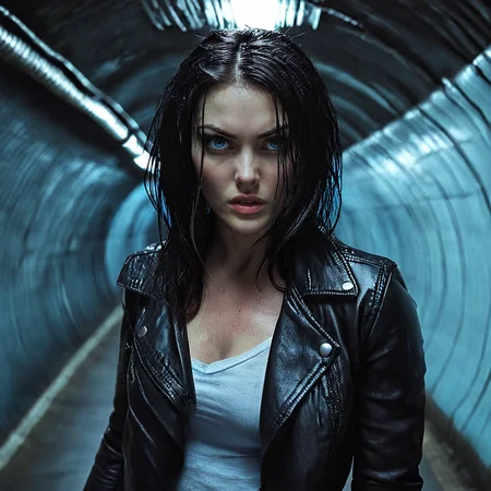 <lora:2000s_Crime_Thriller_MovieSDXL:1> ArsMovieStill, movie still from a gritty, high-contrast 2000s crime thriller movie, The image shows a woman in a black leather jacket standing in a tunnel illuminated by a few lights attached to the ceiling., 1girl, solo, realistic, long hair, black hair, looking at viewer, blue eyes, jacket, leather jacket, cyberpunk