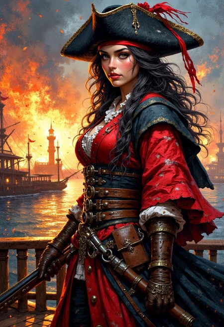 oil painting, rough, textural, broad brush strokes, portrait of a stunning chinese pirate woman, tricorne hat, banadna, holding flintlock musket, standing on deck of burning ship, mythp0rt