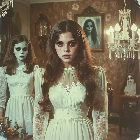 <lora:70s_Horror_MovieSDXL:1> ArsMovieStill, movie still from a 1970s horror movie, The image is a vintage photograph of three young women standing in a dimly lit room. The woman in the center is wearing a white dress with a high neckline and long sleeves. She has long dark hair and is looking directly at the camera with a serious expression. On the left is a young girl with long dark brown hair wearing a floral dress with white lace detailing. She is standing next to the woman on the right who is also wearing a long white dress.The background is blurred but it appears to be a room with a chandelier and other decorative items. The overall mood of the image is eerie and mysterious., multiple girls, dress, long hair, white dress, 3girls, black hair, realistic, brown hair, horror (theme), ghost