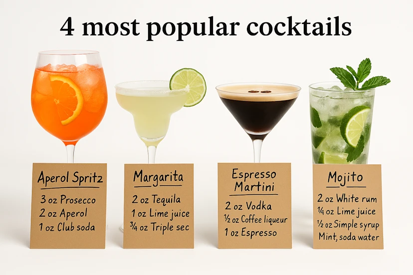 Make me a professionally shot photorealistic diagram of the top selling cocktails in my bar with recipes labeled on each drink.

put the recipes on handwritten cards in front of each drink.

the cards are brown, and the text is black.

background is white

Title is "4 most popular cocktails"