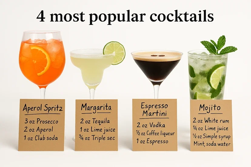 Make me a professionally shot photorealistic diagram of the top selling cocktails in my bar with recipes labeled on each drink.
put the recipes on handwritten cards in front of each drink.
the cards are brown, and the text is black.
background is white
Title is "4 most popular cocktails"