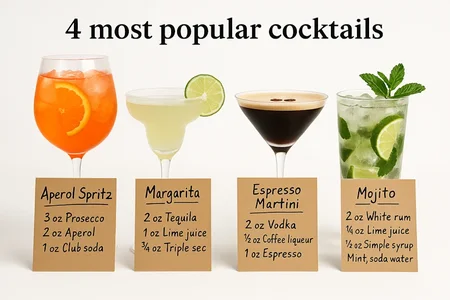 Make me a professionally shot photorealistic diagram of the top selling cocktails in my bar with recipes labeled on each drink.

put the recipes on handwritten cards in front of each drink.

the cards are brown, and the text is black.

background is white

Title is "4 most popular cocktails"