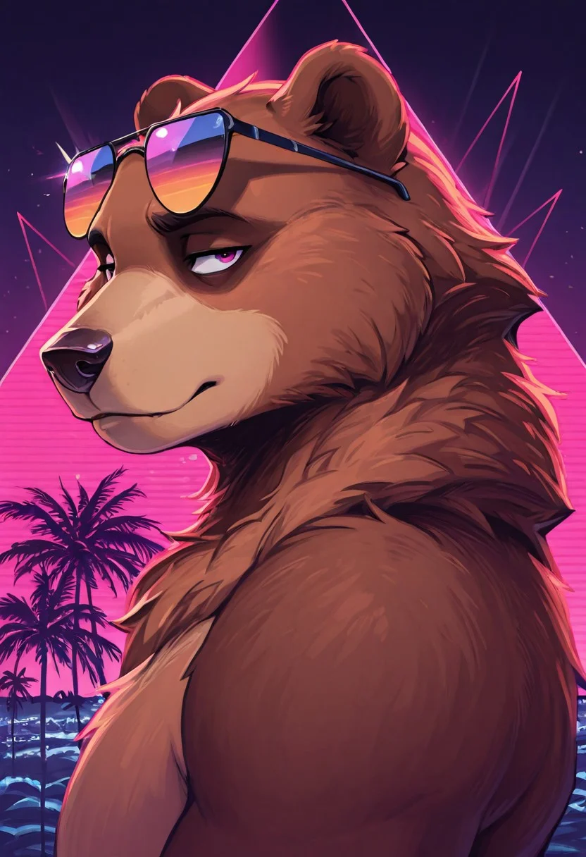 in the style of ck-rw, portrait of 1boy male furry anthro grizzly bear wearing fancy sunglasses, seducive, palm trees, triangle, sundown, stary night, masterpiece,best quality,amazing quality, side view, glancing at viewer