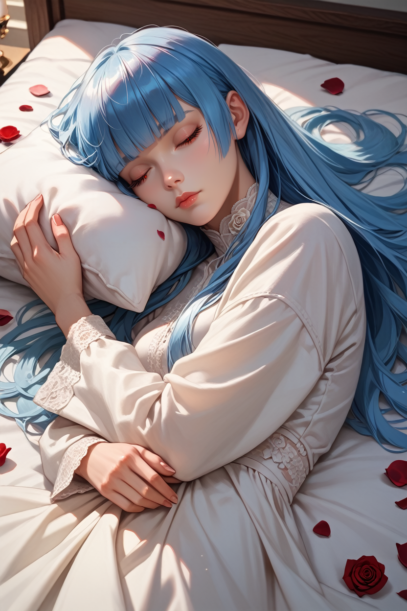 score_9, score_8_up, score_7_up, score_6_up
<lora:KOFKulaD:0.9>
KOFKulaD, 1girl, blue hair, long hair, blunt bangs, red eyes, looking at viewer, sleeping in a bed, rose petals, closed eyes