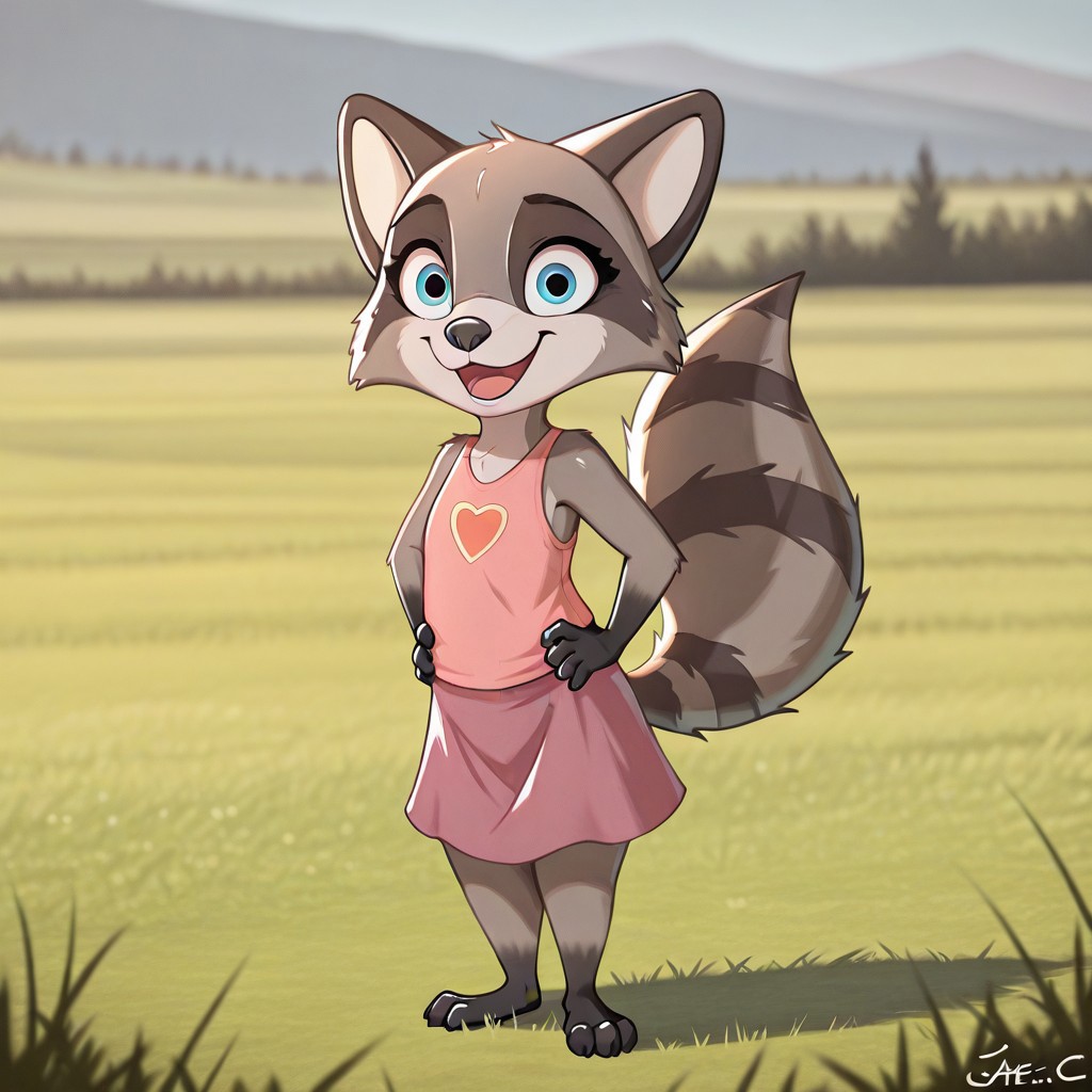 Jae(C), solo, 1girl, anthro, female furry, raccoon, gray and black fur, blue eyes, raccoon tail, black hands, black feet, shortstack, full body, looking at viewer, flat chested, standing, pink top, dark pink skirt, sleeveless, smiling, excited look, grass field background, sunny, hands on hips,