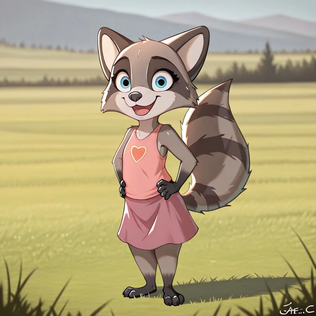 Jae(C), solo, 1girl, anthro, female furry, raccoon, gray and black fur, blue eyes, raccoon tail, black hands, black feet, shortstack, full body, looking at viewer, flat chested, standing, pink top, dark pink skirt, sleeveless, smiling, excited look, grass field background, sunny, hands on hips,