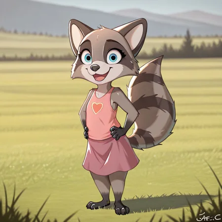 Jae(C), solo, 1girl, anthro, female furry, raccoon, gray and black fur, blue eyes, raccoon tail, black hands, black feet, shortstack, full body, looking at viewer, flat chested, standing, pink top, dark pink skirt, sleeveless, smiling, excited look, grass field background, sunny, hands on hips,