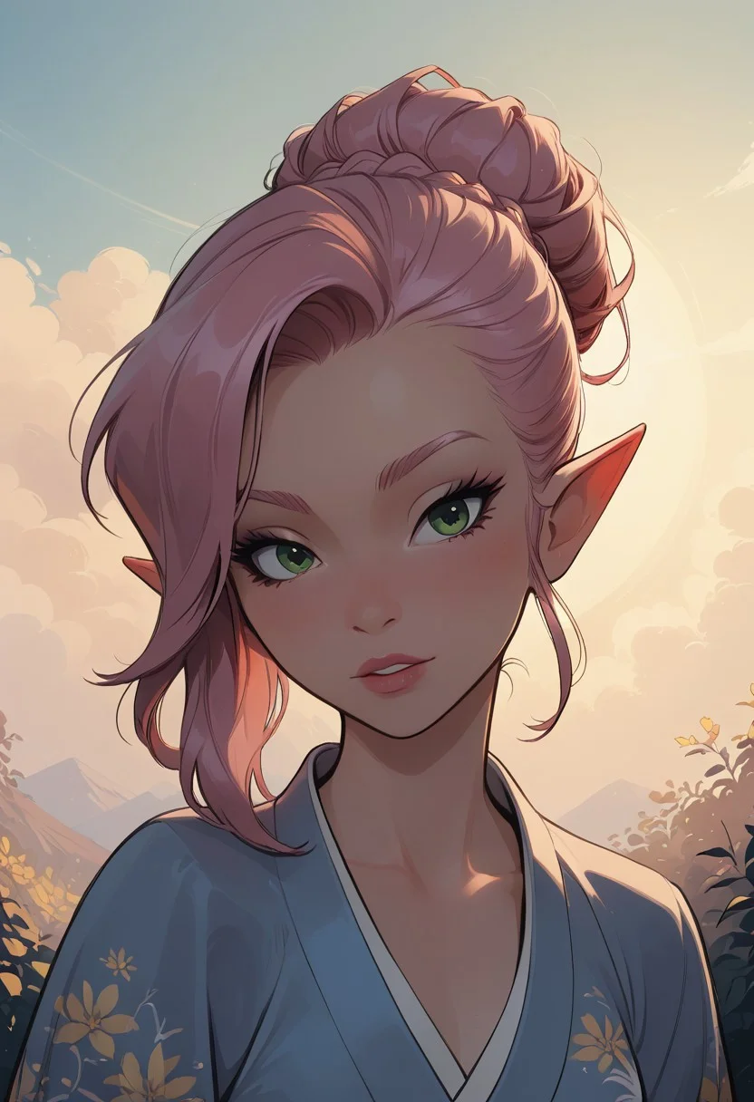 score_9, score_8_up, score_8, close up, 1girl, solo, sexy elf woman, perfect face, thick eyeliner, small breasts, long straight pink hair, green eyes, wearing sexy kimono, nsfw, cowboy shot, dynamic pose, dynamic angle, volumetric lighting, cinematic lighting, outdoors, zen garden