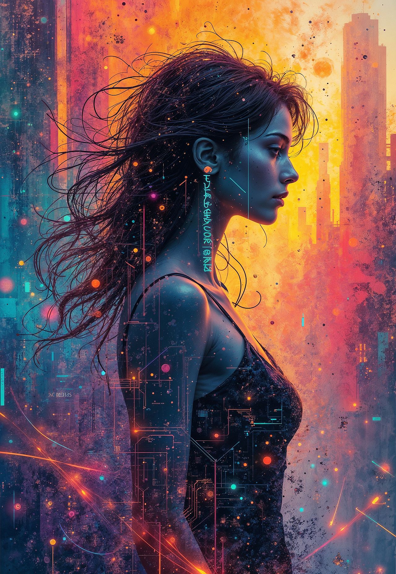 Abstract drawing, the woman's silhouette barely perceptible, soft ghostly outline dissolving into the background, a stunning explosion of colors—vivid oranges, azure blues, hot pinks, neon purples, and electric greens swirl and flow like liquid, merging in chaotic yet harmonious waves. Futuristic elements emerge—floating geometric shards, neon circuitry spiraling in and out of focus, holographic patterns shifting, glowing abstract symbols flickering. The silhouette hints at a figure, abstract lines suggesting arms and a face, but it’s fragmented, almost dissolving. Neon streaks of light burst from the silhouette, merging into a fractal network of wires and glitching data streams. Fragmented cityscapes and neon billboards peek through the chaos, distorted and bending like reflections in a rippling surface. Floating orbs, futuristic drones, and holographic dragon shapes twist through the vibrant scene, dissolving into waves of energy. Psychedelic layers pulse with brightness, creating depth. The entire scene radiates energy, dreamlike and disorienting, an abstract fusion of digital beauty and chaos.