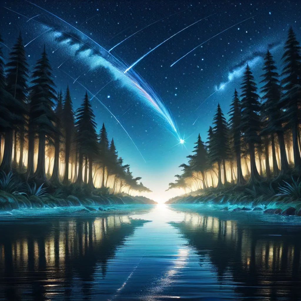 highest quality, forest made of feathers, starry sky, northern, sparkling water, shooting star <lora:Feathers:1>